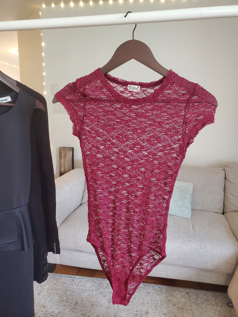 Sheer Lace Cap-Sleeve Bodysuit in Wine Red